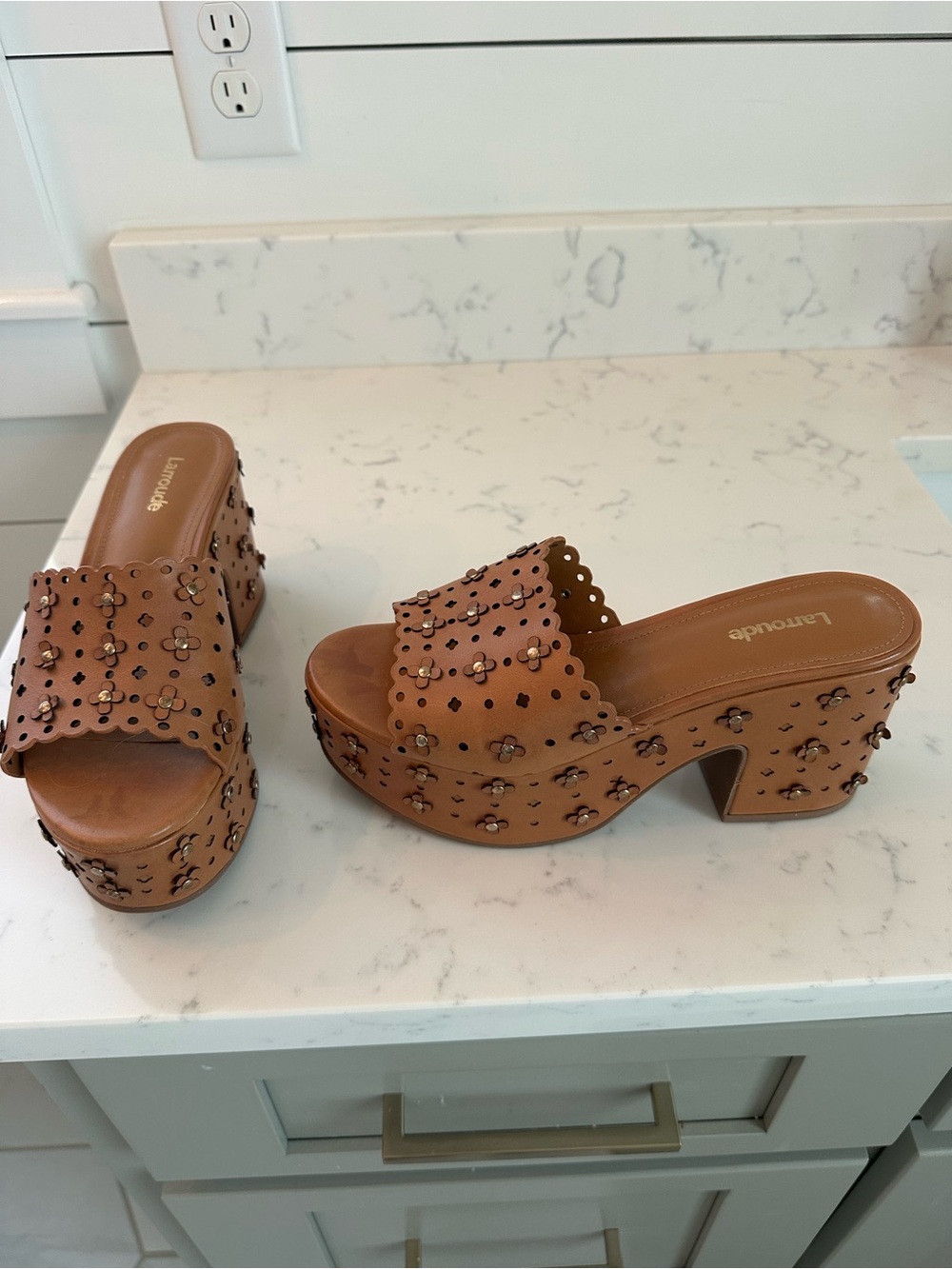 Larroude Tan Floral Cutout Platforms - excellent condition